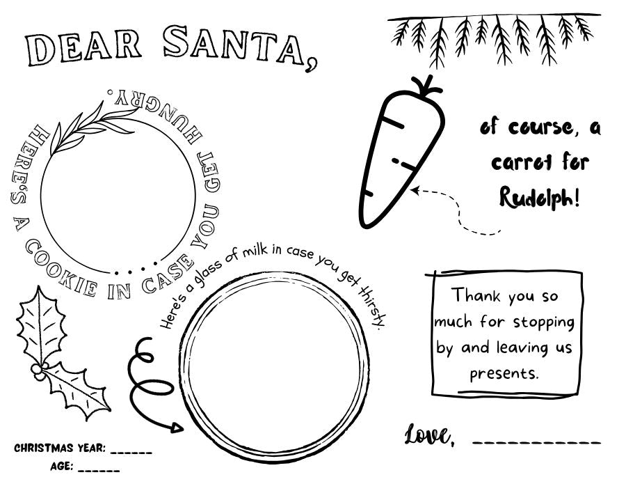 Black and white Dear Santa placemat with spots for cookies, milk and a carrot for Rudolph