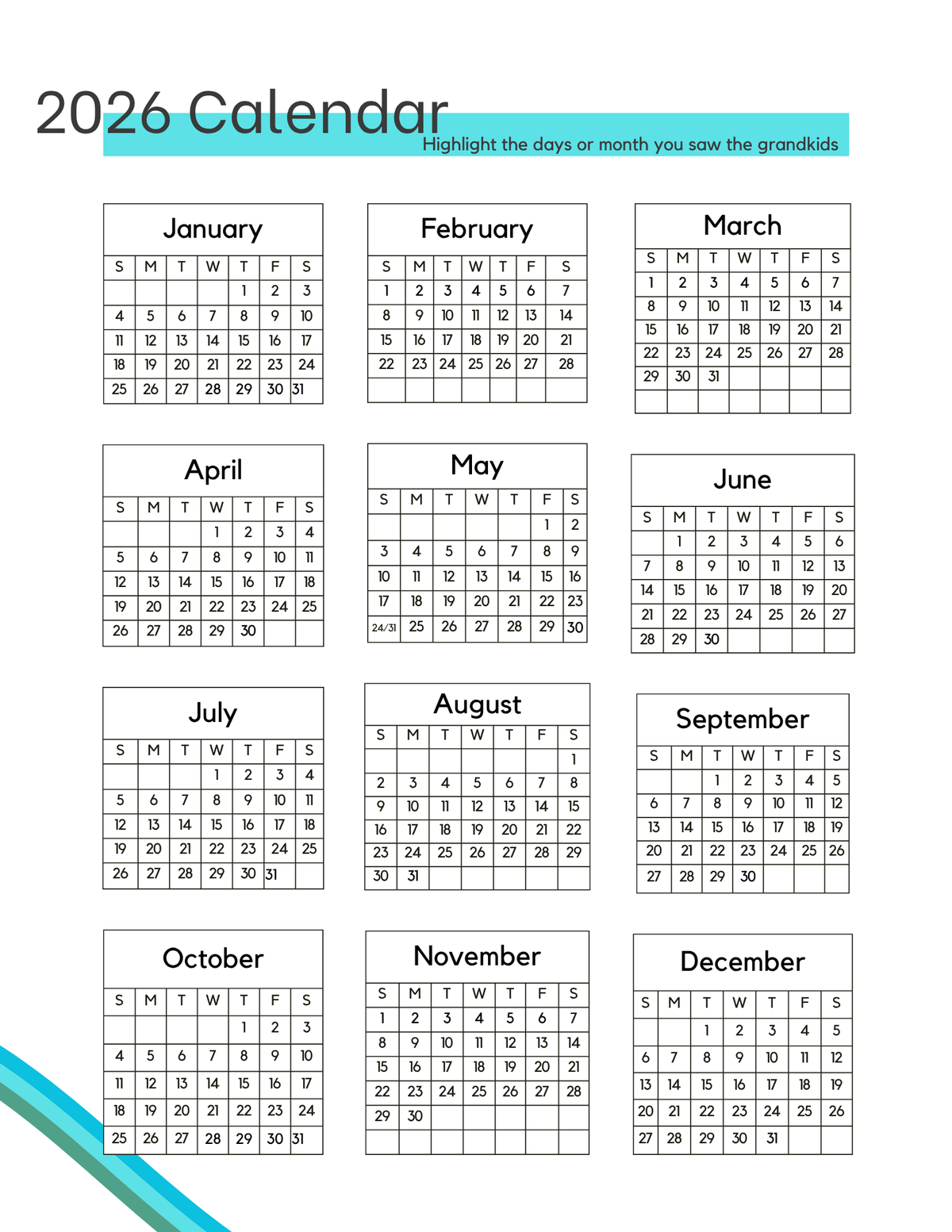 2026 calendar page to highlight the days you saw the grandkids