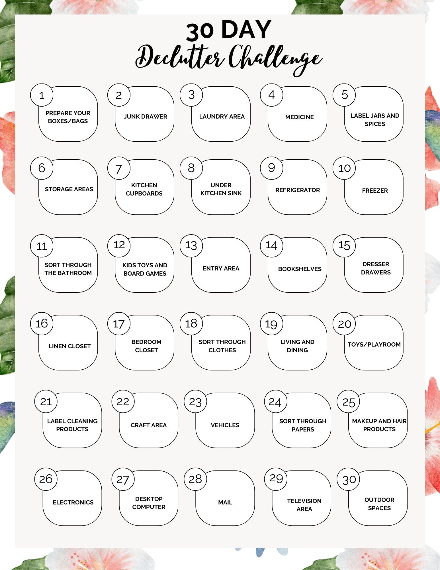 30 day declutter sheet with daily items