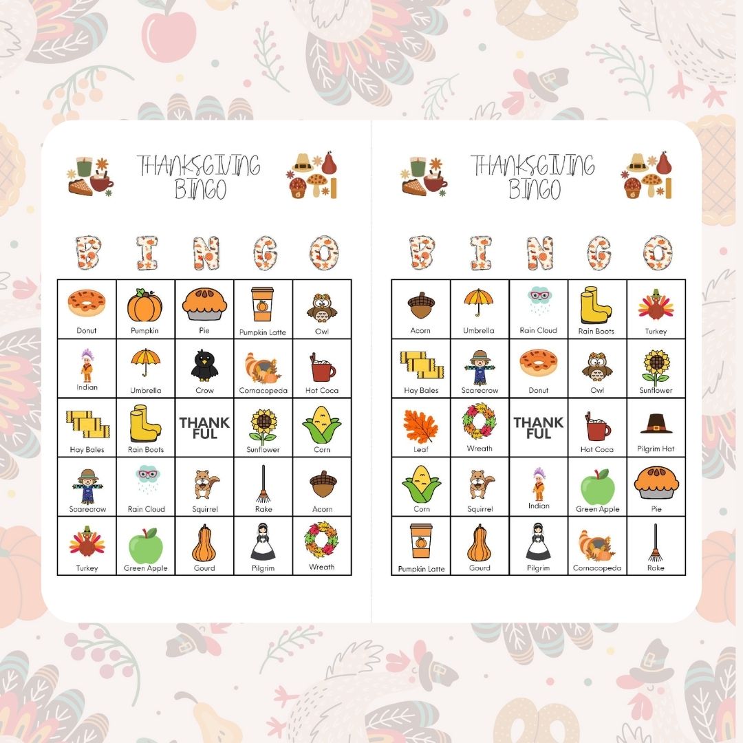 Fall Thanksgiving Bingo - 2 cards per page