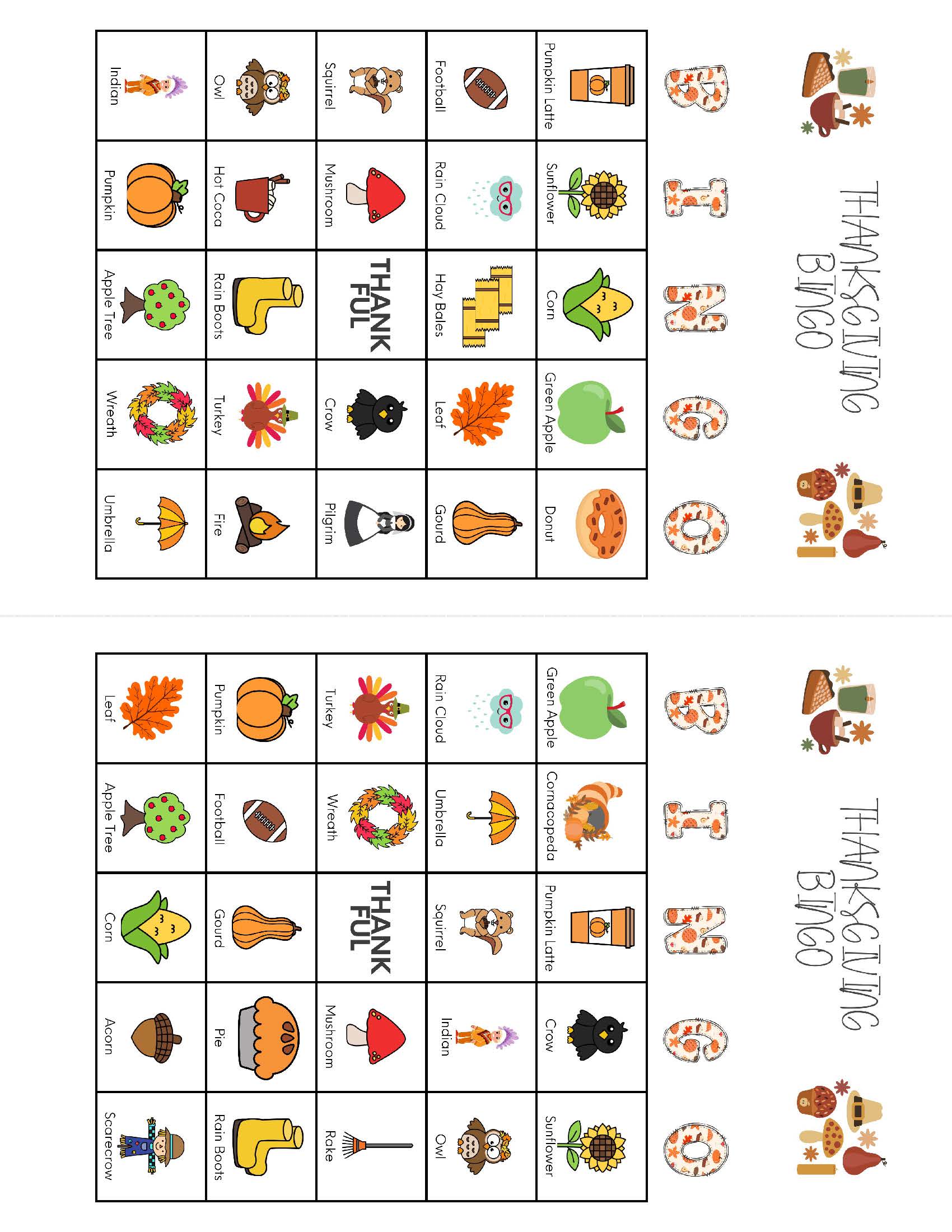 Fall Thanksgiving Bingo - 2 cards per page