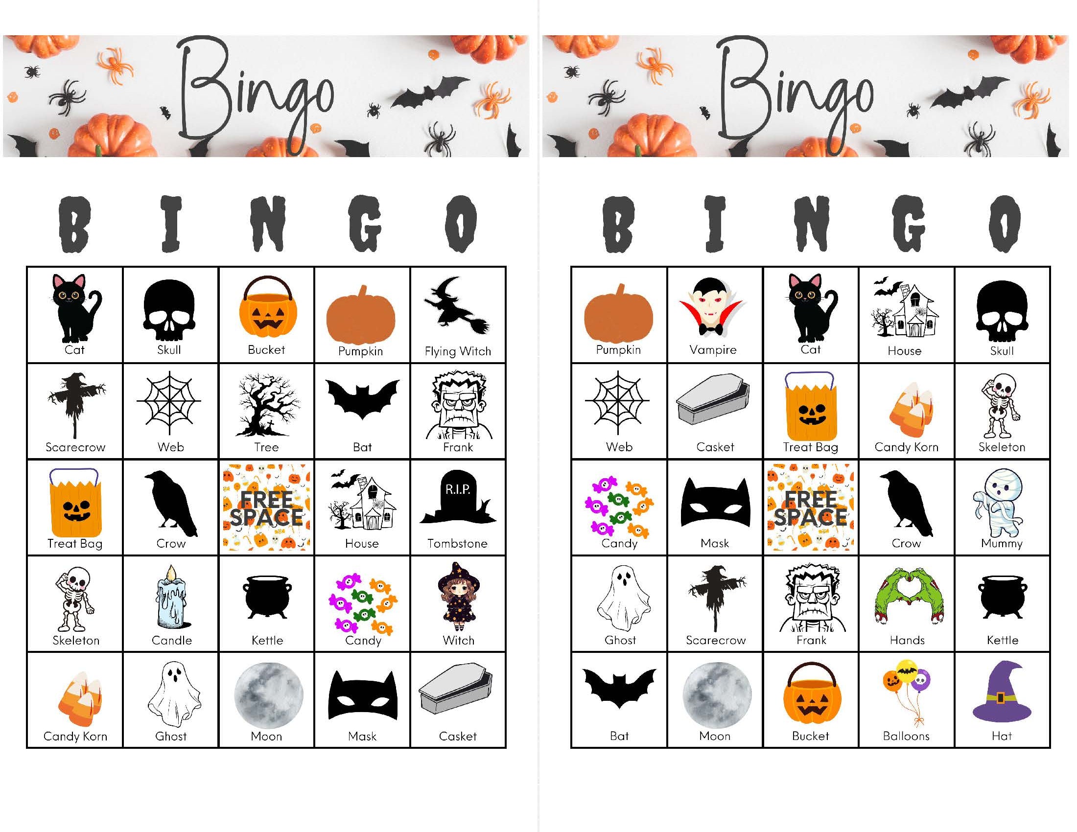 Halloween Bingo Card Set of 50 Printable - 2 per page