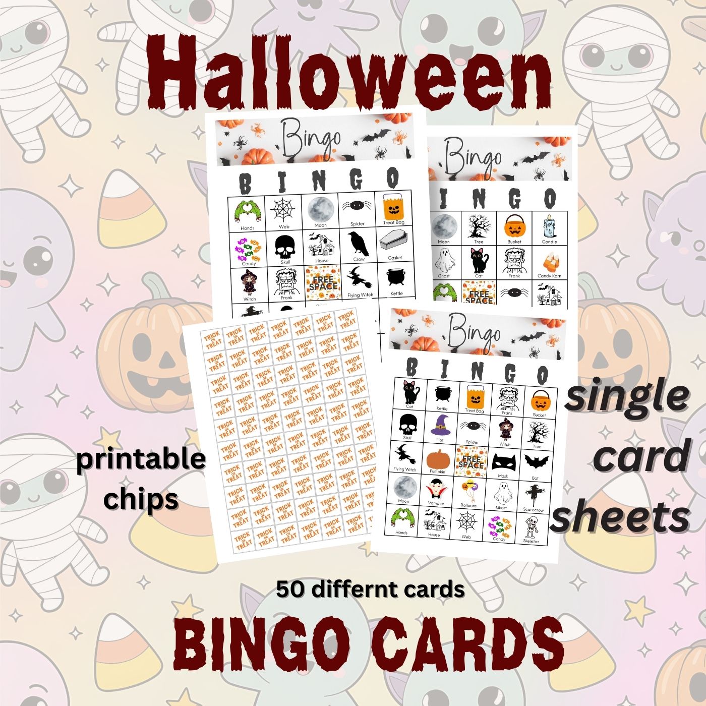Halloween Bingo Card Set of 50 Printable single pages