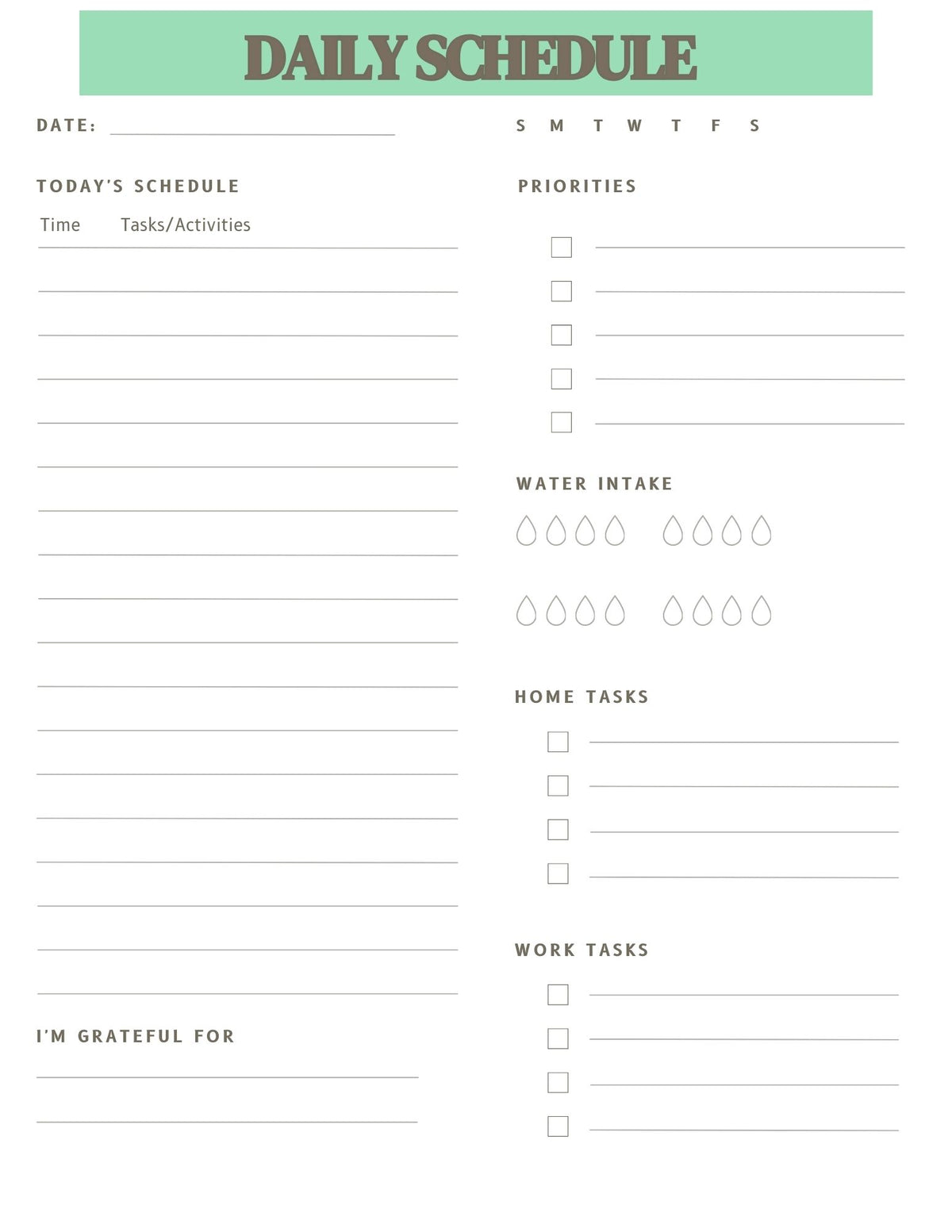 daily schedule with places for priorities home tasks work tasks