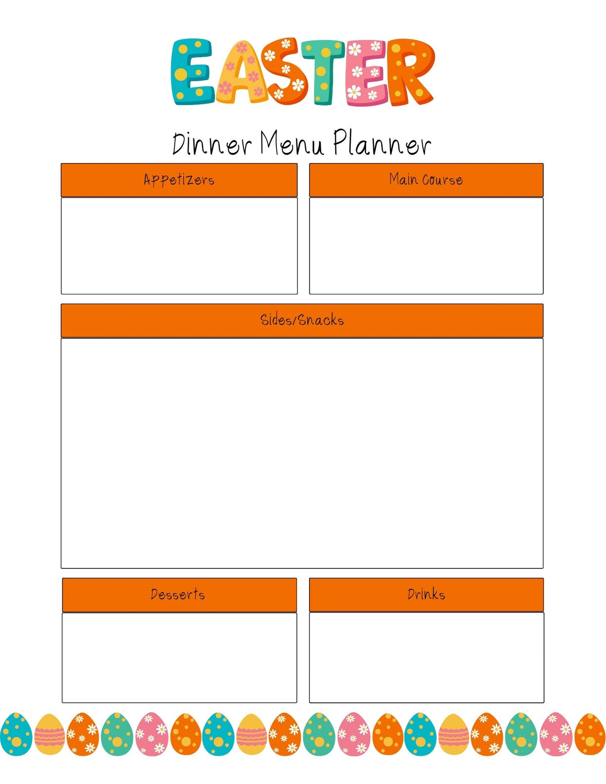 dinner menu planner with blocks to list out meal and items. Decorated with colorful eggs for Easter theme