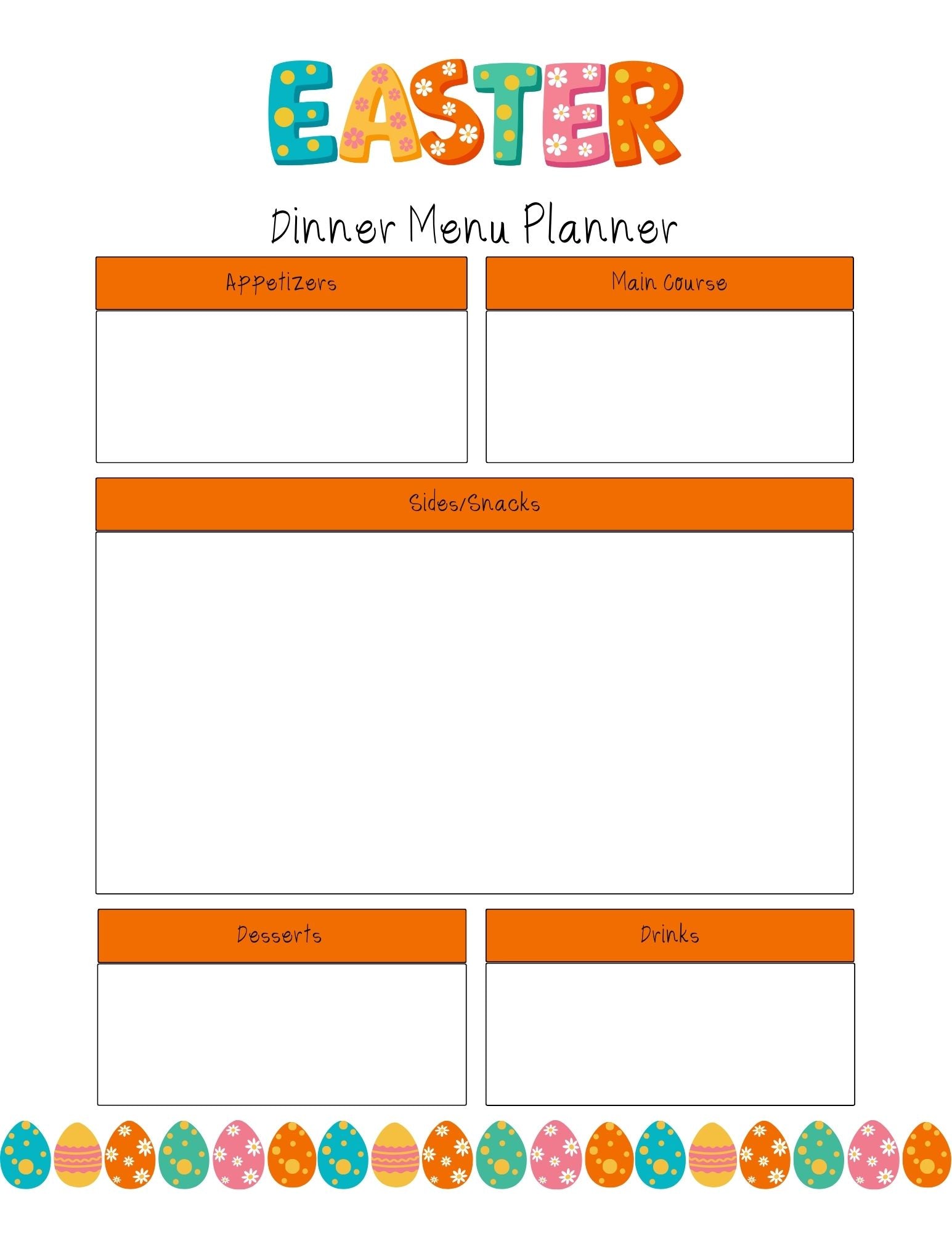 dinner menu planner with blocks to list out meal and items. Decorated with colorful eggs for Easter theme