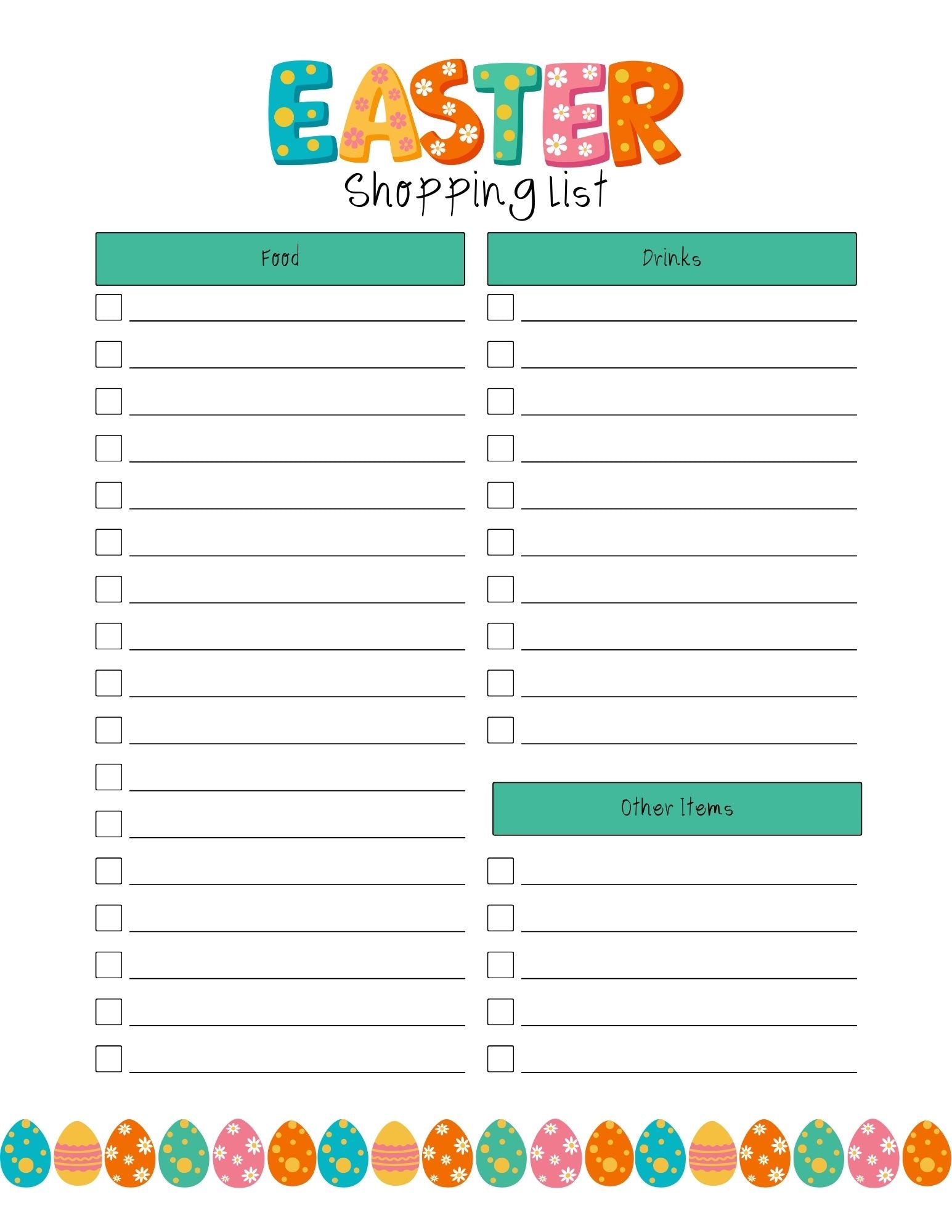 list of items with check boxes for food, drinks and other items to make an Easter dinner