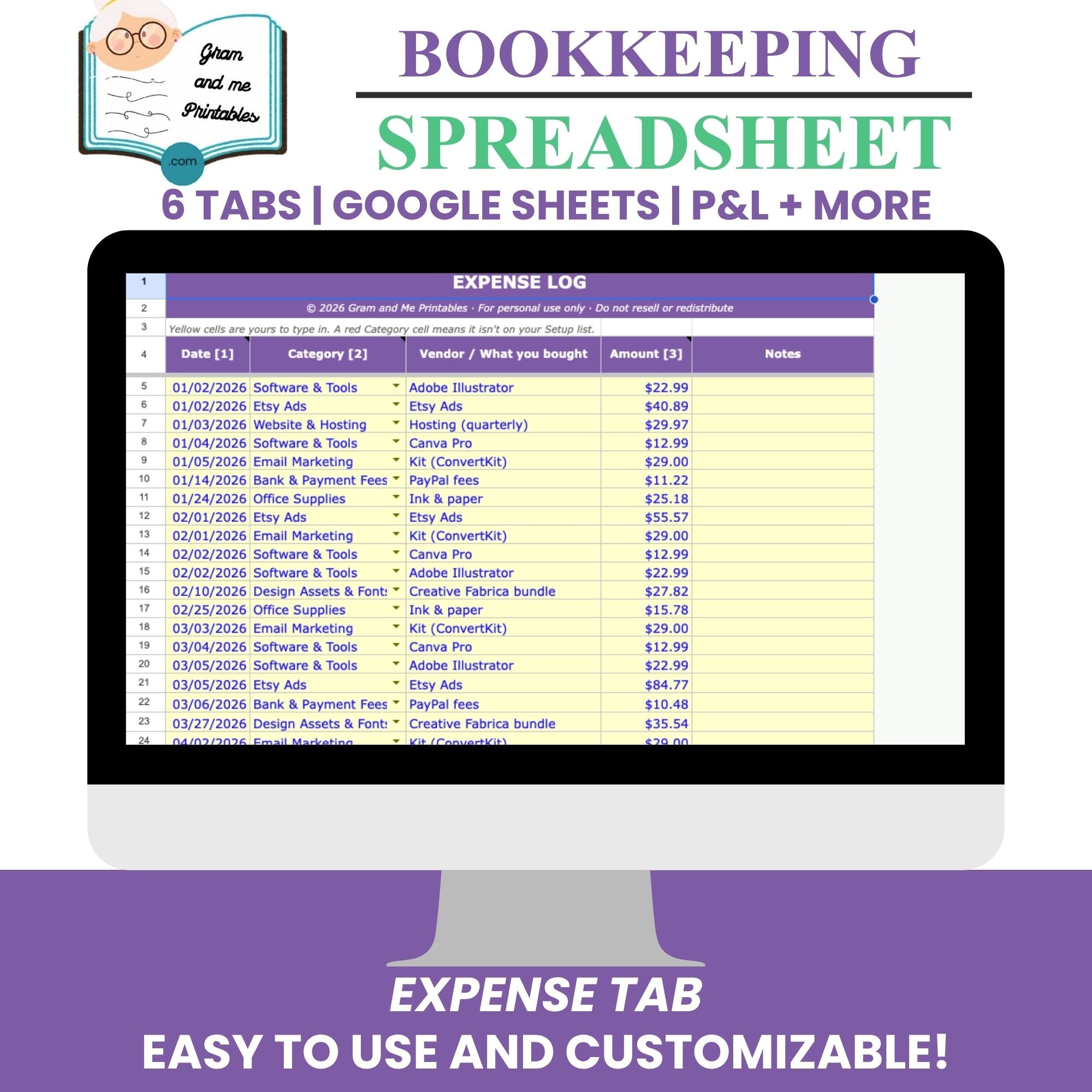 Bookkeeping Spreadsheet System — Income, Expense & Profit Tracker with Quarterly Tax Planner