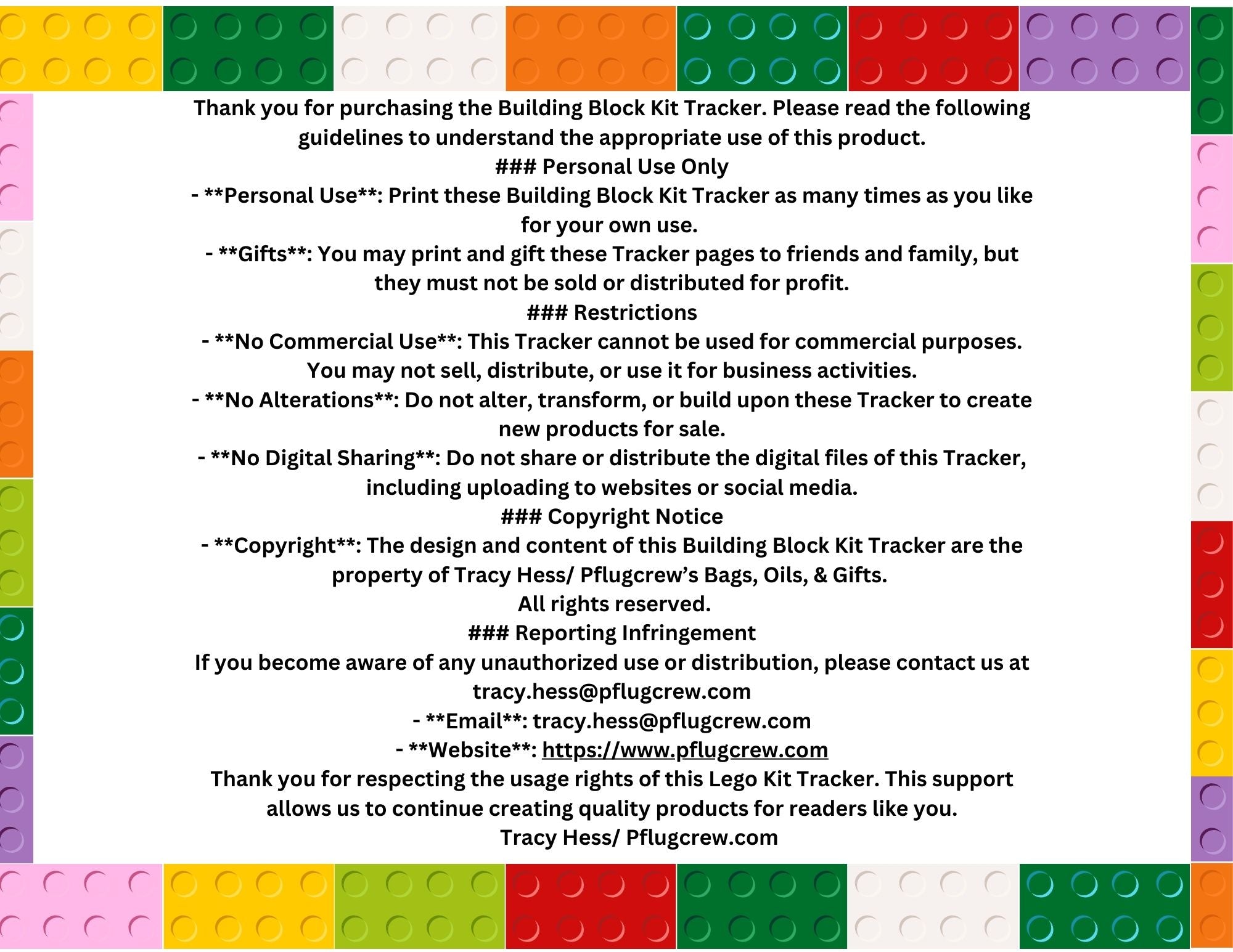 Colorful building block kit tracker with text guidelines on a white background