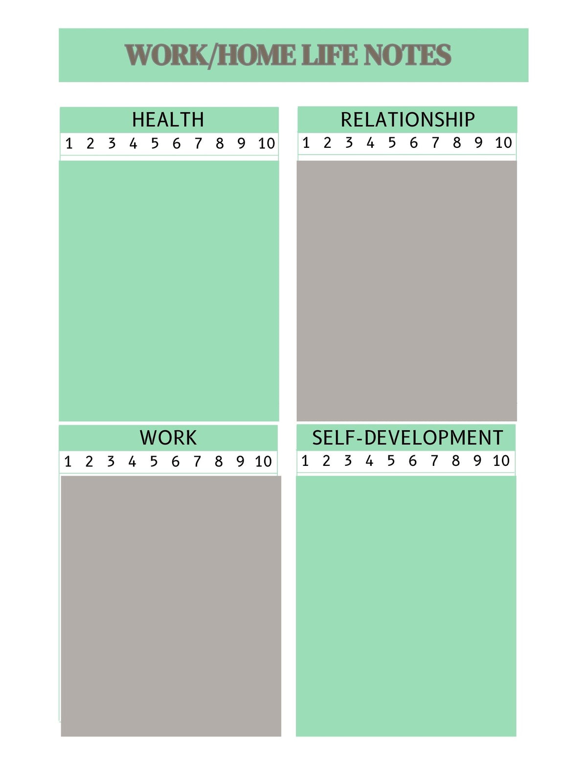 note page with heading of health relationship work and self development