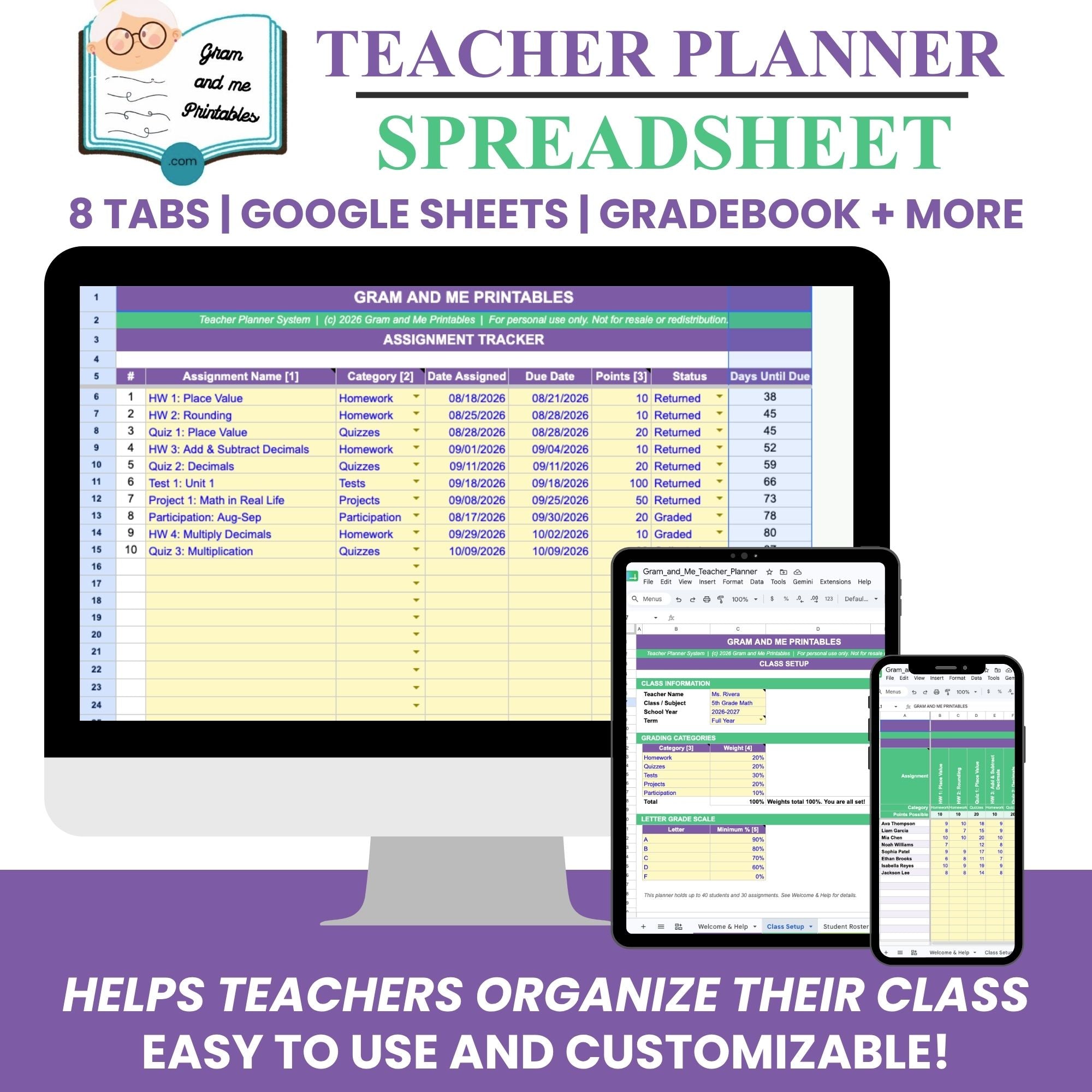Teacher Planner Spreadsheet — Automatic Gradebook, Attendance & Lesson Planner
