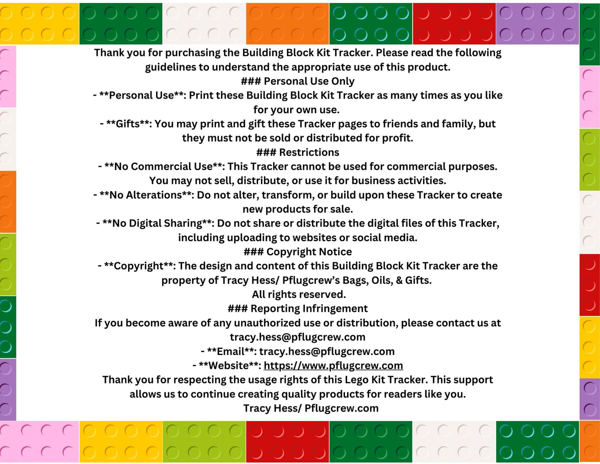 Colorful building block kit tracker with text guidelines on a white background