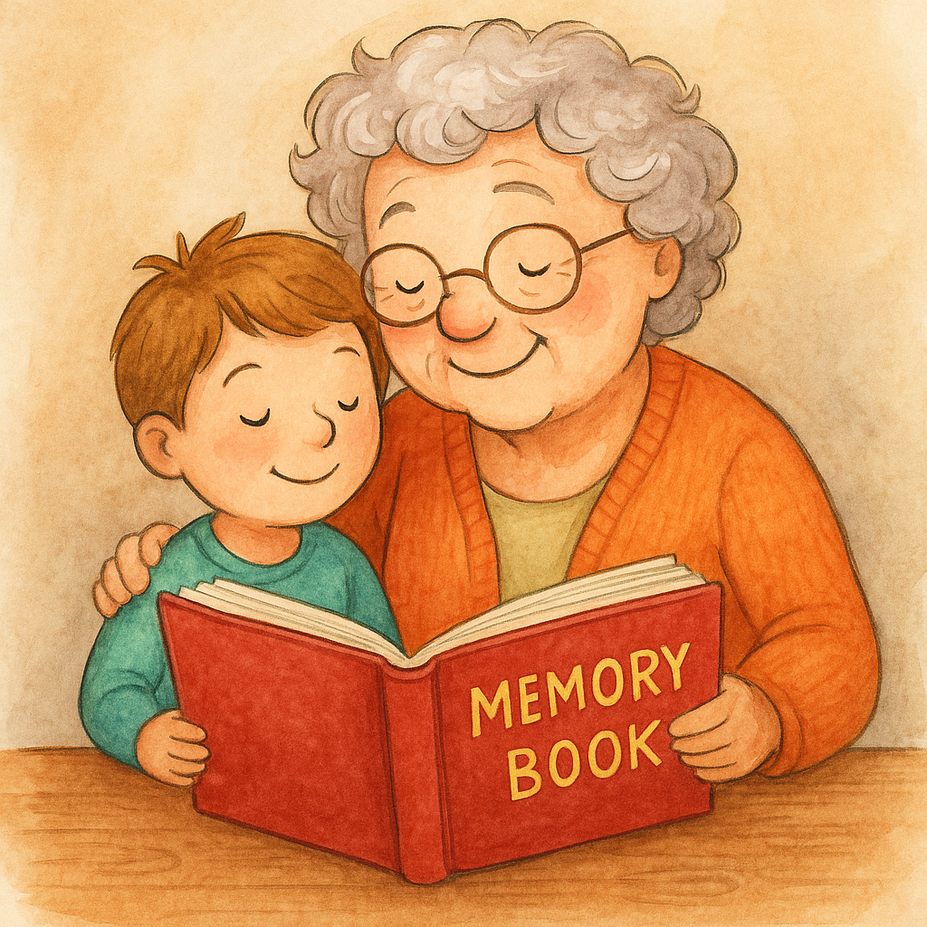 grandmother and child with memory book
