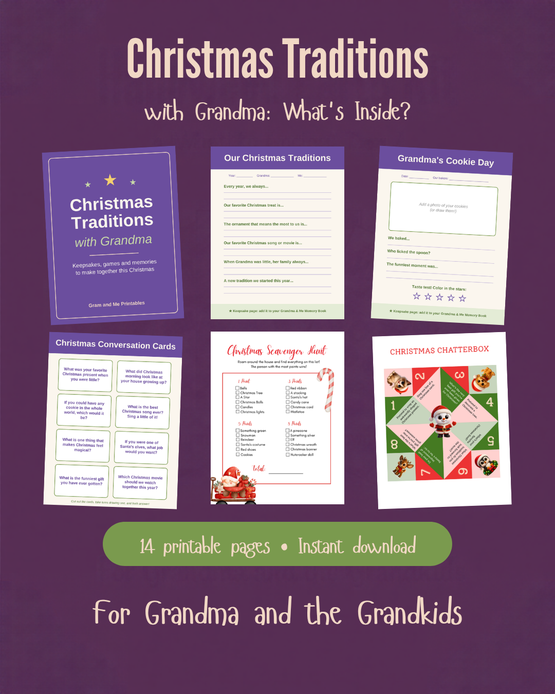 Christmas Traditions with Grandma Pack, 14 printable pages including keepsake pages, conversation cards, scavenger hunt and chatterbox craft