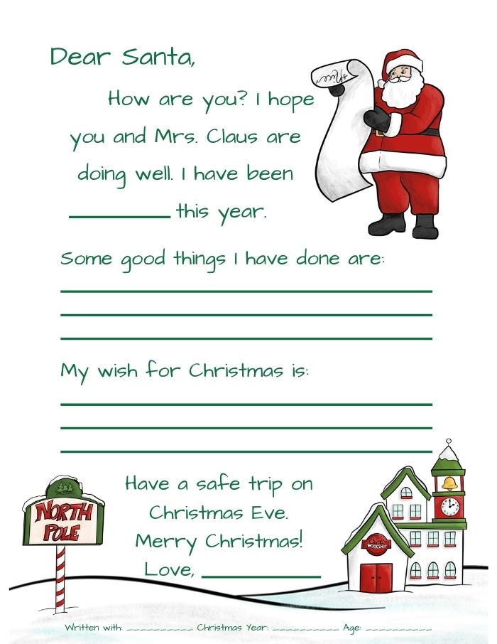 Printable Dear Santa letter page in color with Santa and the North Pole