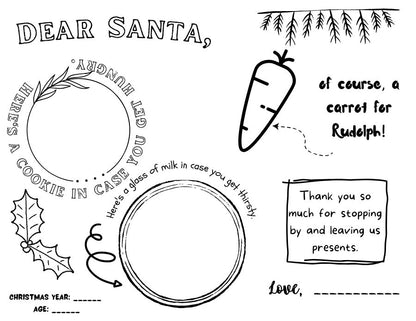 Black and white Dear Santa placemat with spots for cookies, milk and a carrot for Rudolph