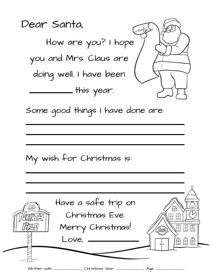 Black and white Dear Santa letter page the grandkids can color