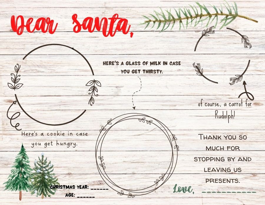 Dear Santa placemat on white wood with evergreen trees