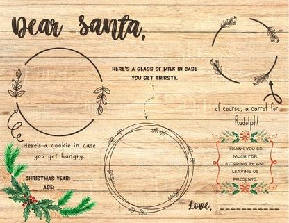 Dear Santa placemat on natural wood with holly