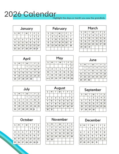 2026 calendar page to highlight the days you saw the grandkids