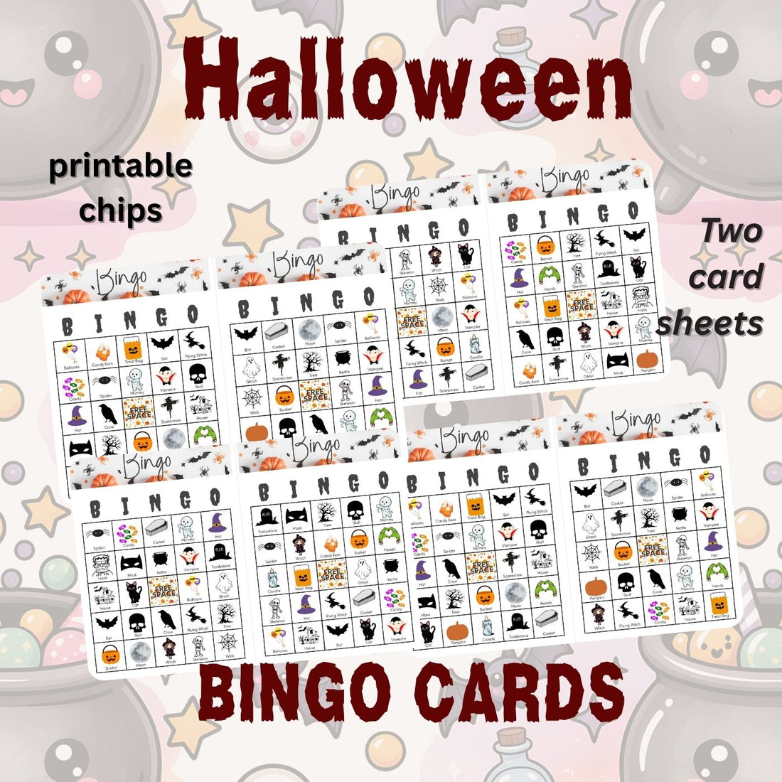 Halloween Bingo Card Set of 50 Printable - 2 per page