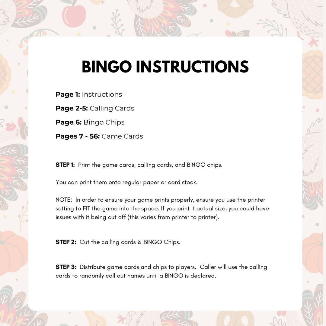 Fall Thanksgiving Bingo - 1 card per page