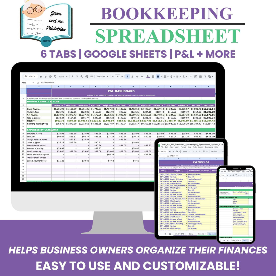 Bookkeeping Spreadsheet System — Income, Expense &amp; Profit Tracker with Quarterly Tax Planner