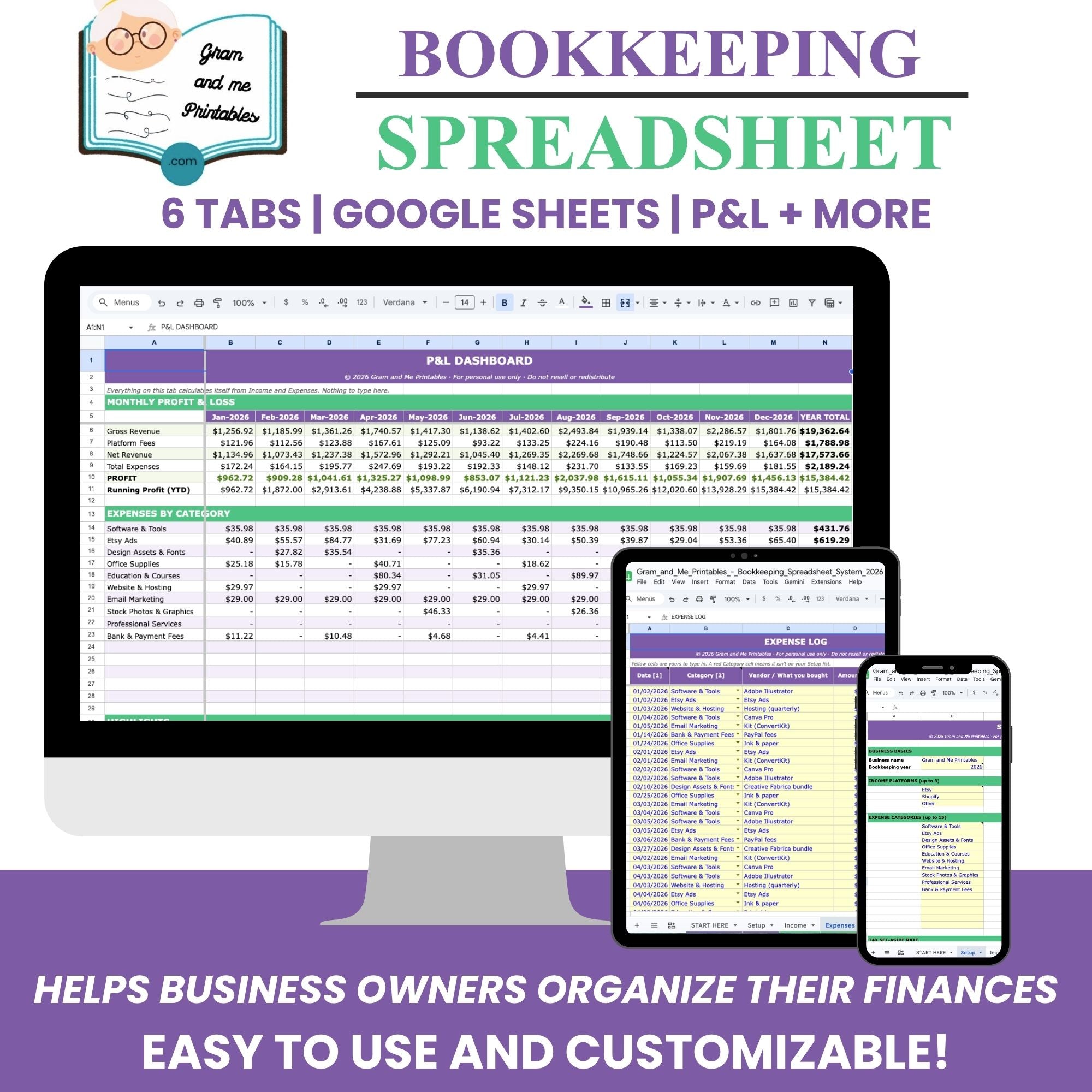 Bookkeeping Spreadsheet System — Income, Expense &amp; Profit Tracker with Quarterly Tax Planner