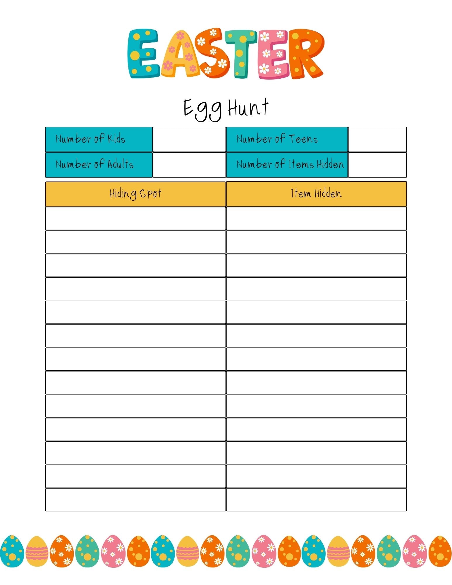 list to write down where the Easter eggs are hidden and how many are hidden