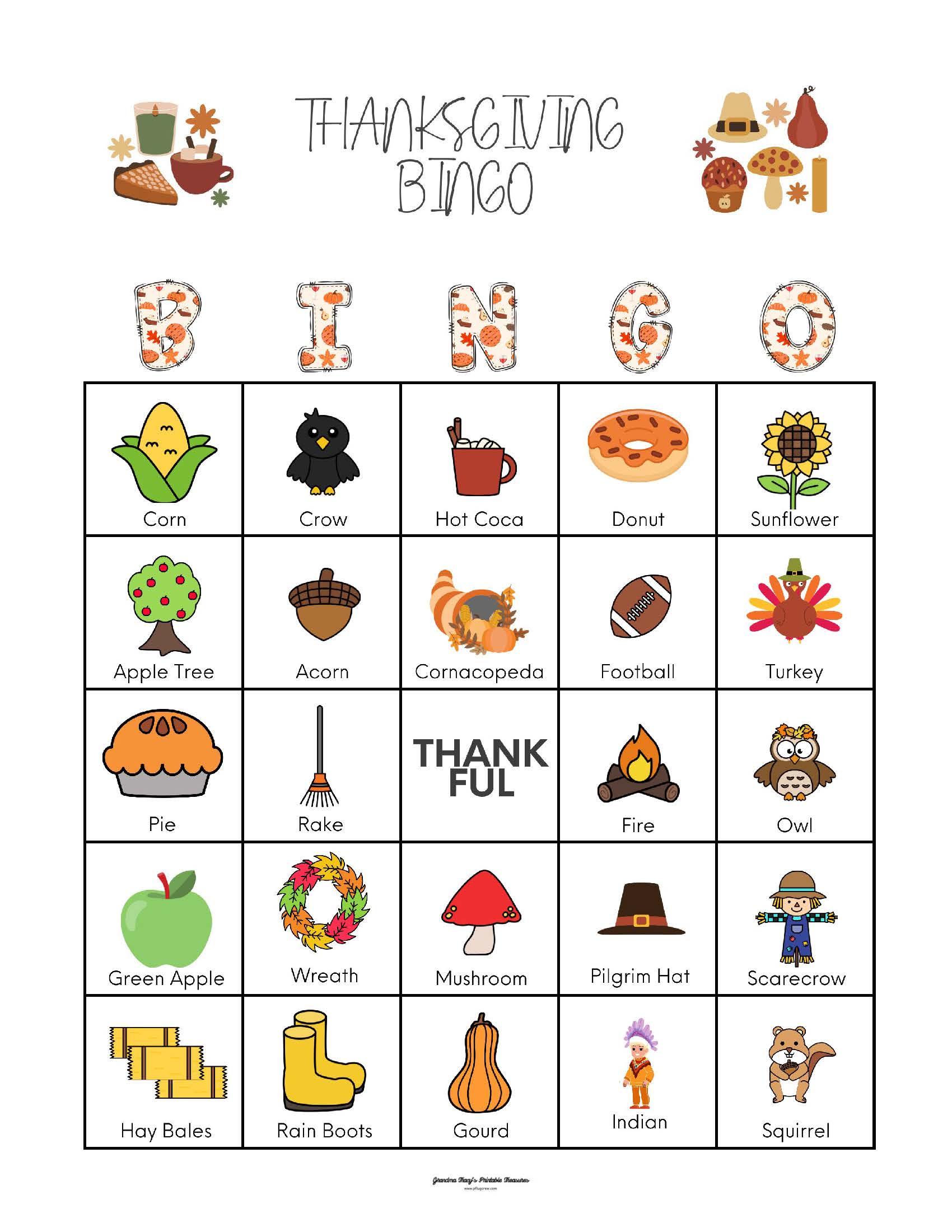 Fall Thanksgiving Bingo - 1 card per page