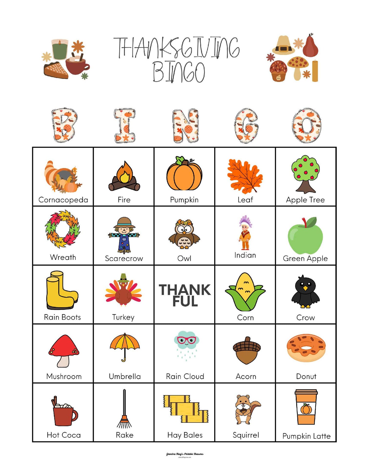 Fall Thanksgiving Bingo - 1 card per page