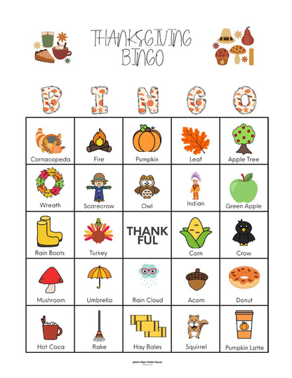 Fall Thanksgiving Bingo - 1 card per page