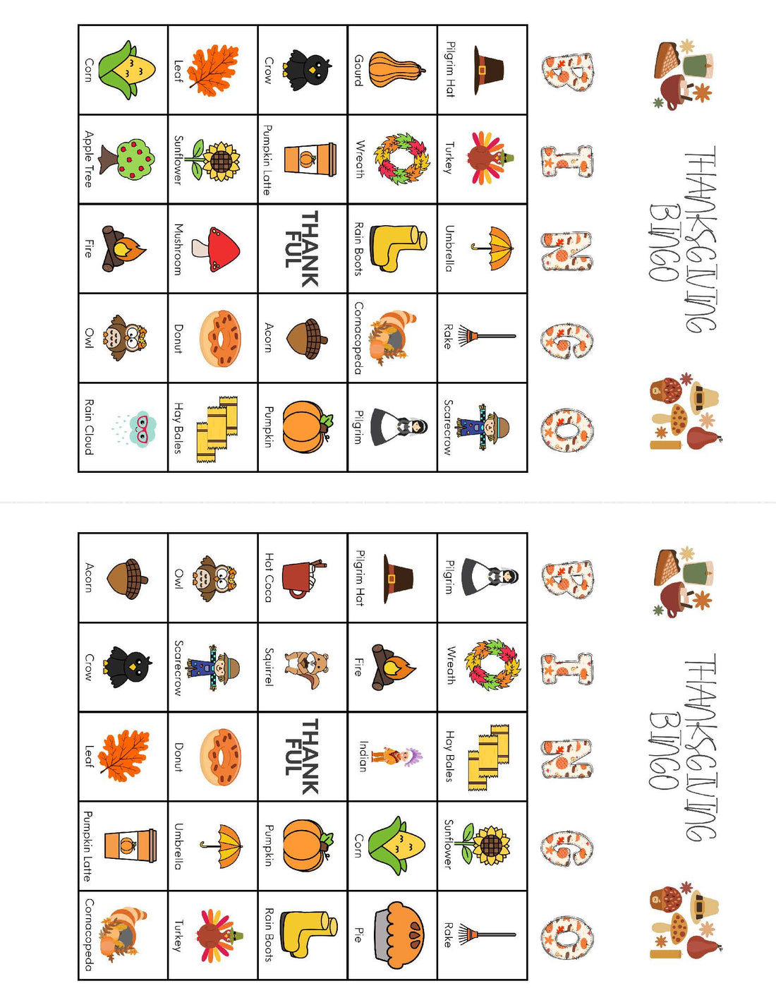 Fall Thanksgiving Bingo - 2 cards per page