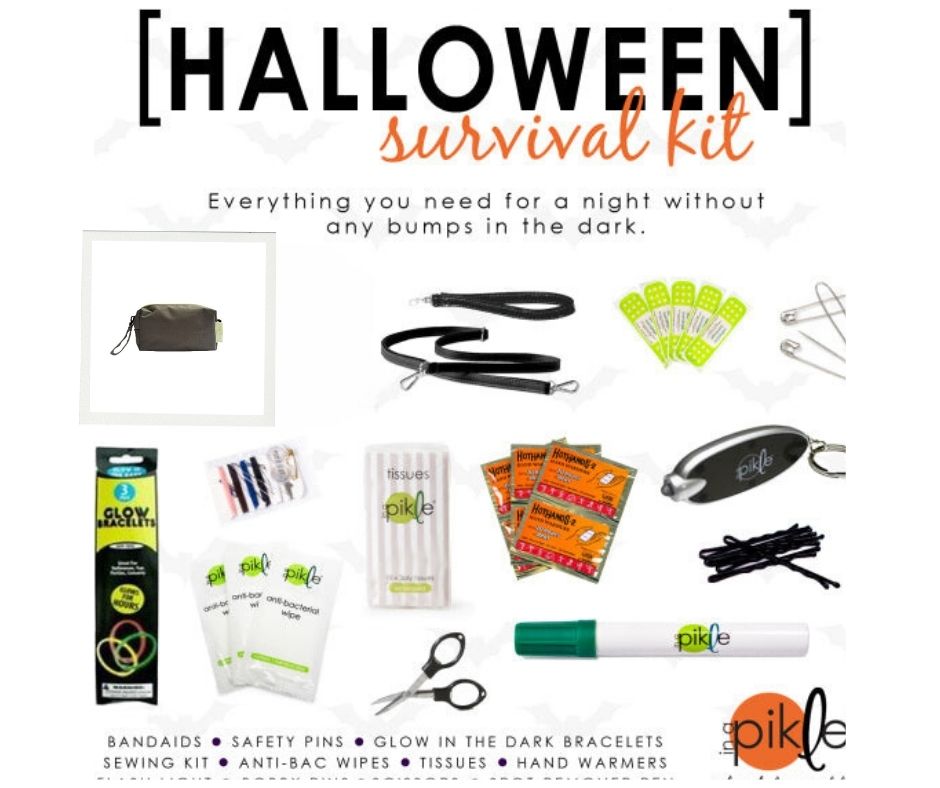 An array of Halloween-related items grouped together, including bump pads, safety pins, glow bracelets, wipes, tissues, and sewing kits, all branded with &