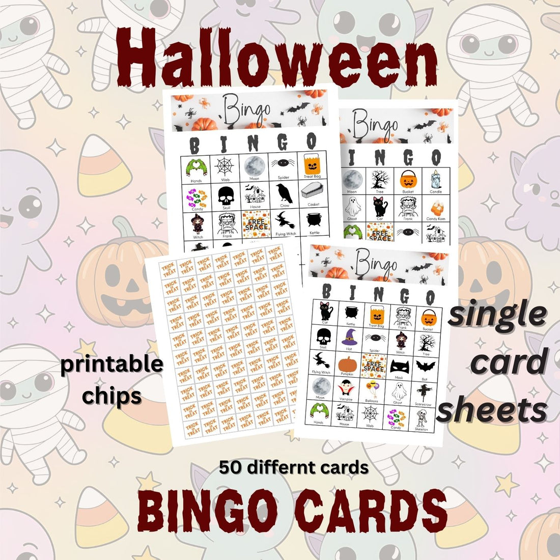 Halloween Bingo Card Set of 50 Printable single pages