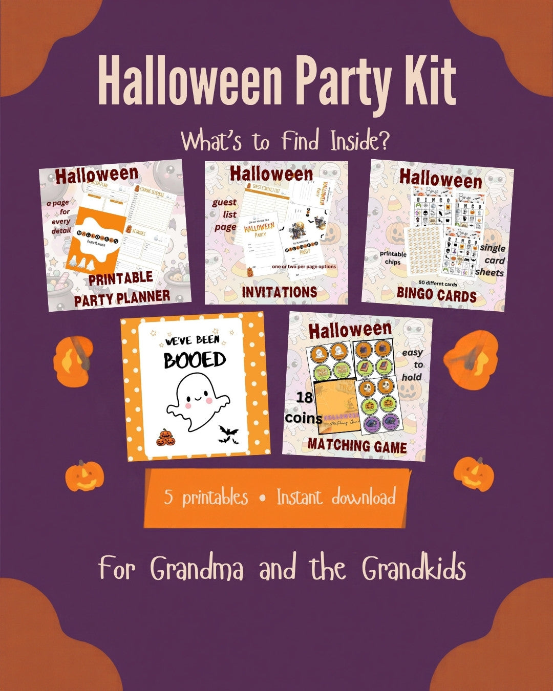Halloween Party Kit printable bundle showing the party planner, invitations, bingo cards, You&