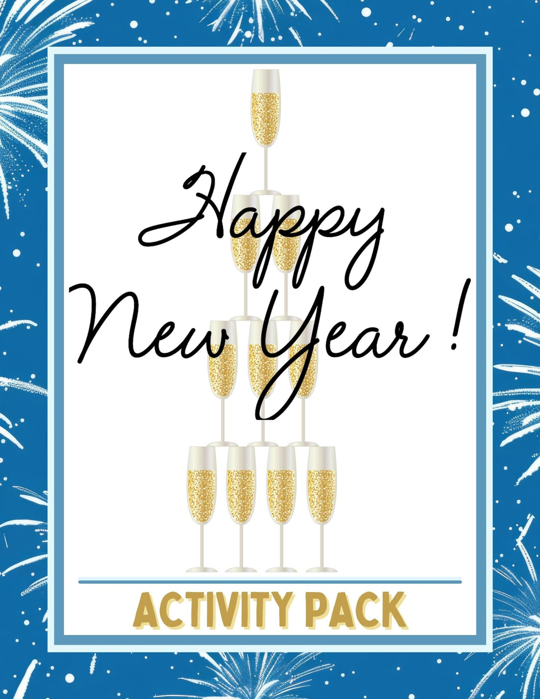 Cover of the New Years Eve Mega Activity Pack with text and graphic design, predominantly featuring gold and blue colors with champagne glasses.