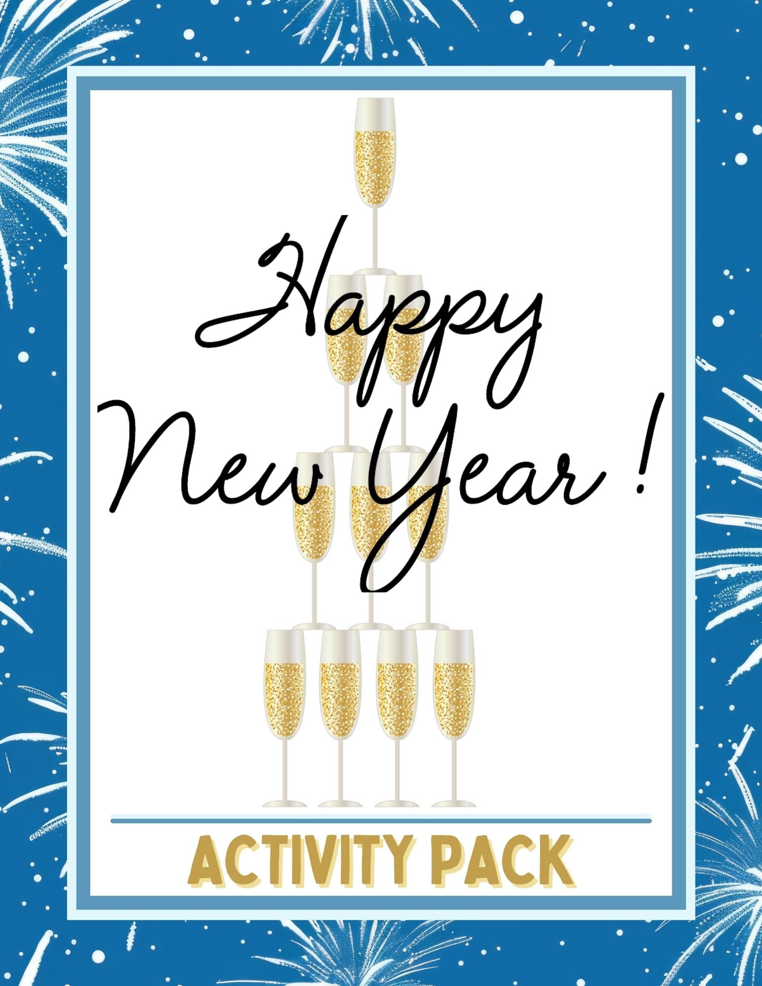 Cover of the New Years Eve Mega Activity Pack with text and graphic design, predominantly featuring gold and blue colors with champagne glasses.