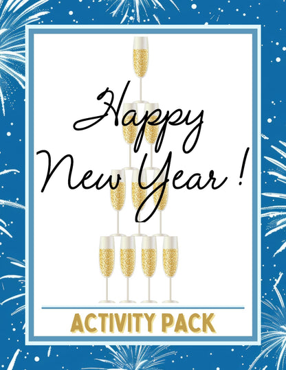 Cover of the New Years Eve Mega Activity Pack with text and graphic design, predominantly featuring gold and blue colors with champagne glasses.