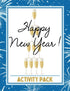 Cover of the New Years Eve Mega Activity Pack with text and graphic design, predominantly featuring gold and blue colors with champagne glasses.