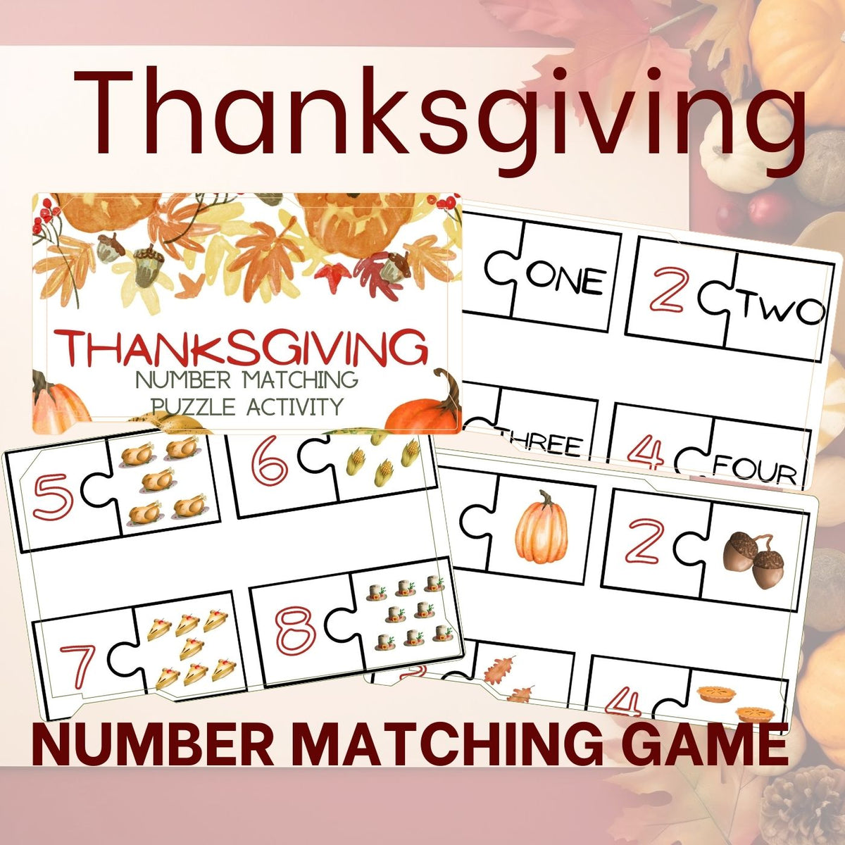 matching numbers game with Thanksgiving theme icons