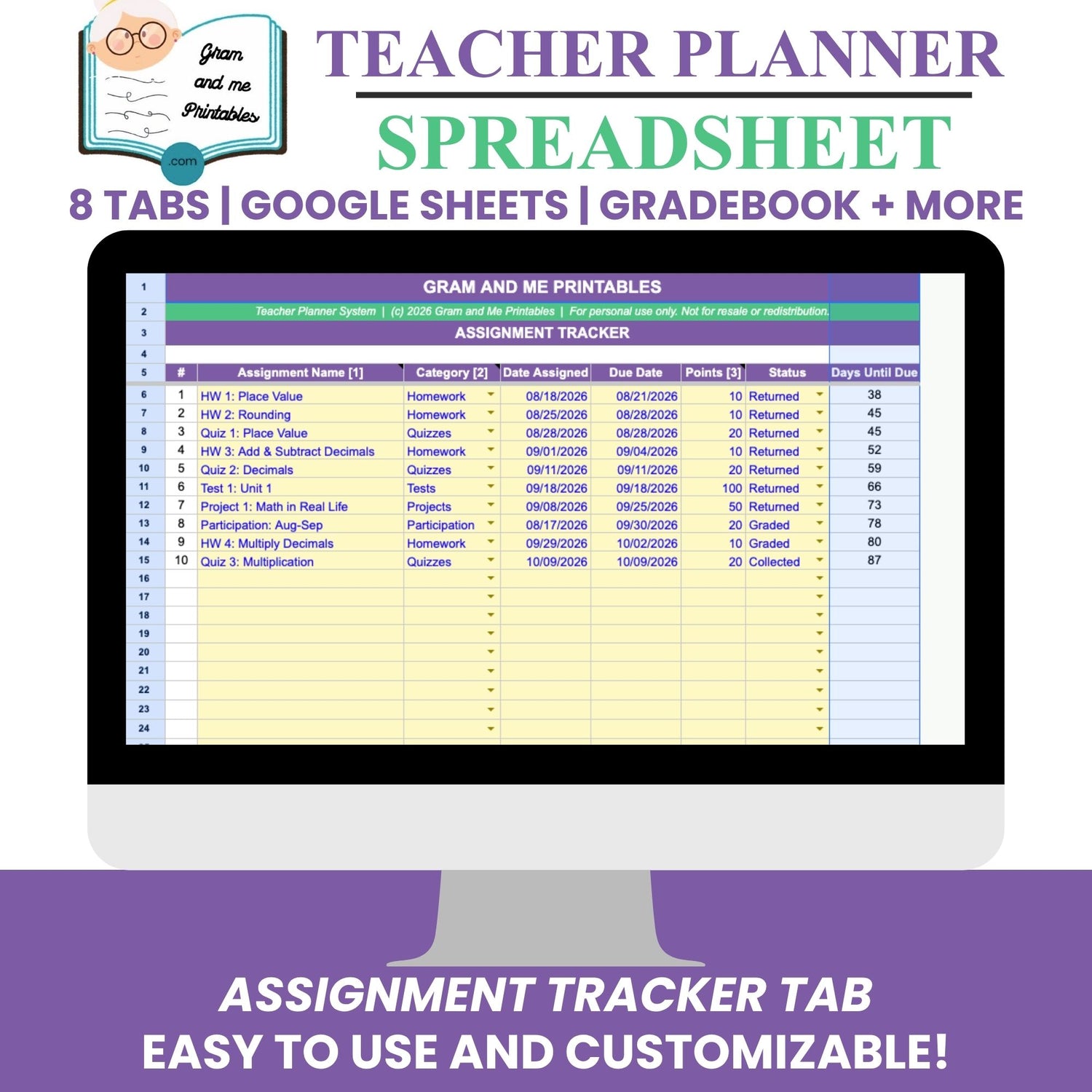 Teacher Planner Spreadsheet — Automatic Gradebook, Attendance &amp; Lesson Planner