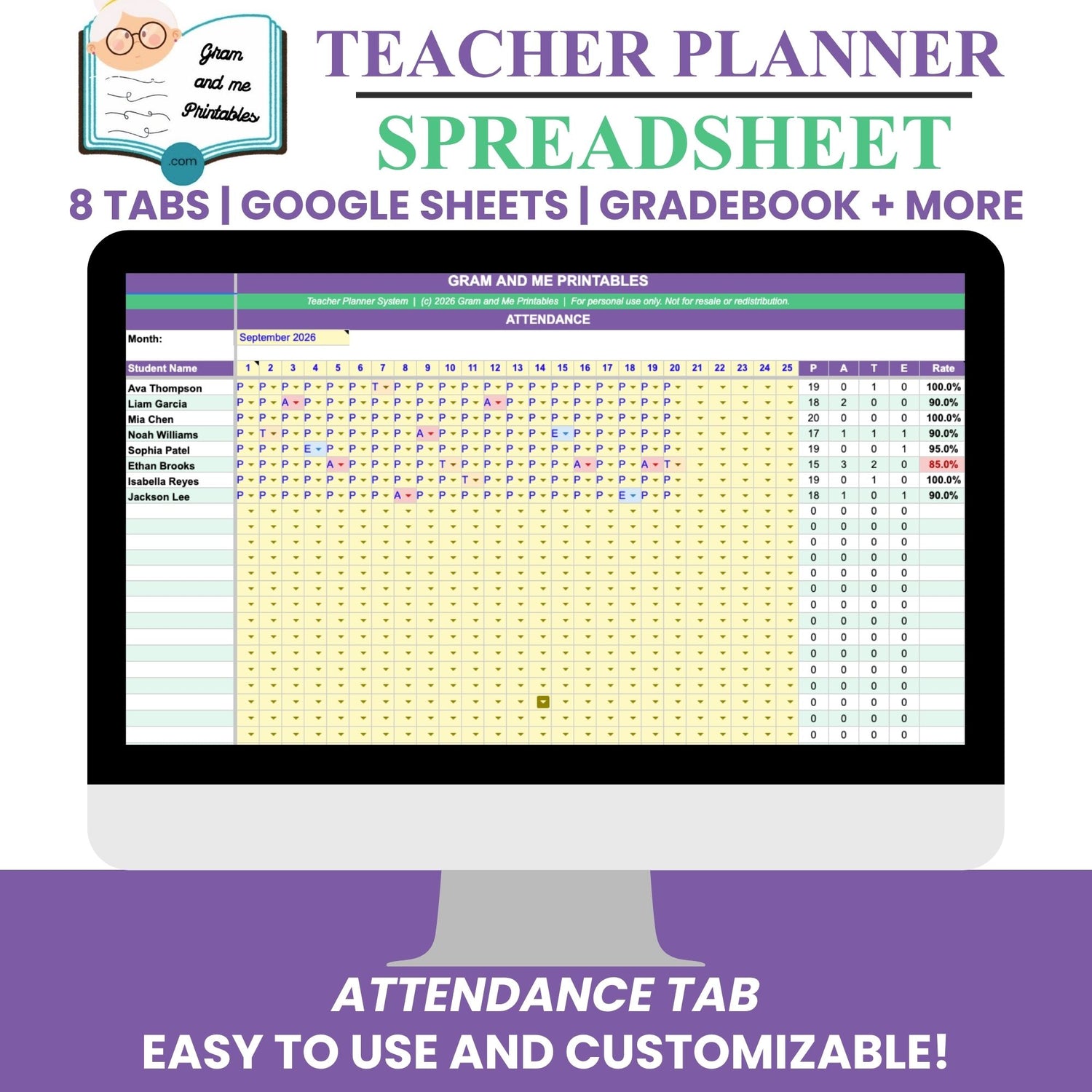 Teacher Planner Spreadsheet — Automatic Gradebook, Attendance &amp; Lesson Planner