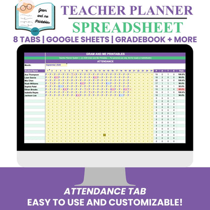 Teacher Planner Spreadsheet — Automatic Gradebook, Attendance &amp; Lesson Planner