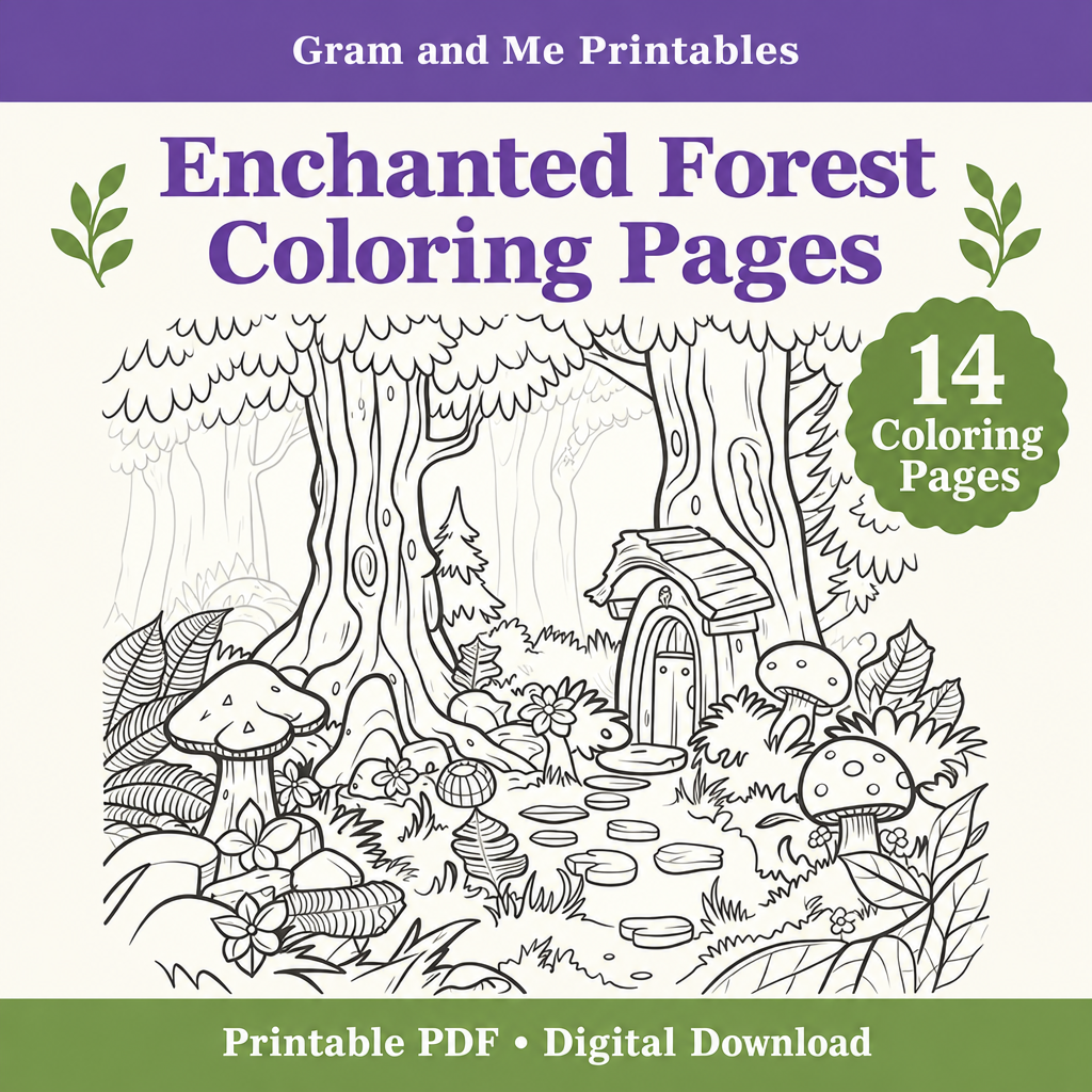 Enchanted Forest printable coloring pages preview from Gram and Me Printables