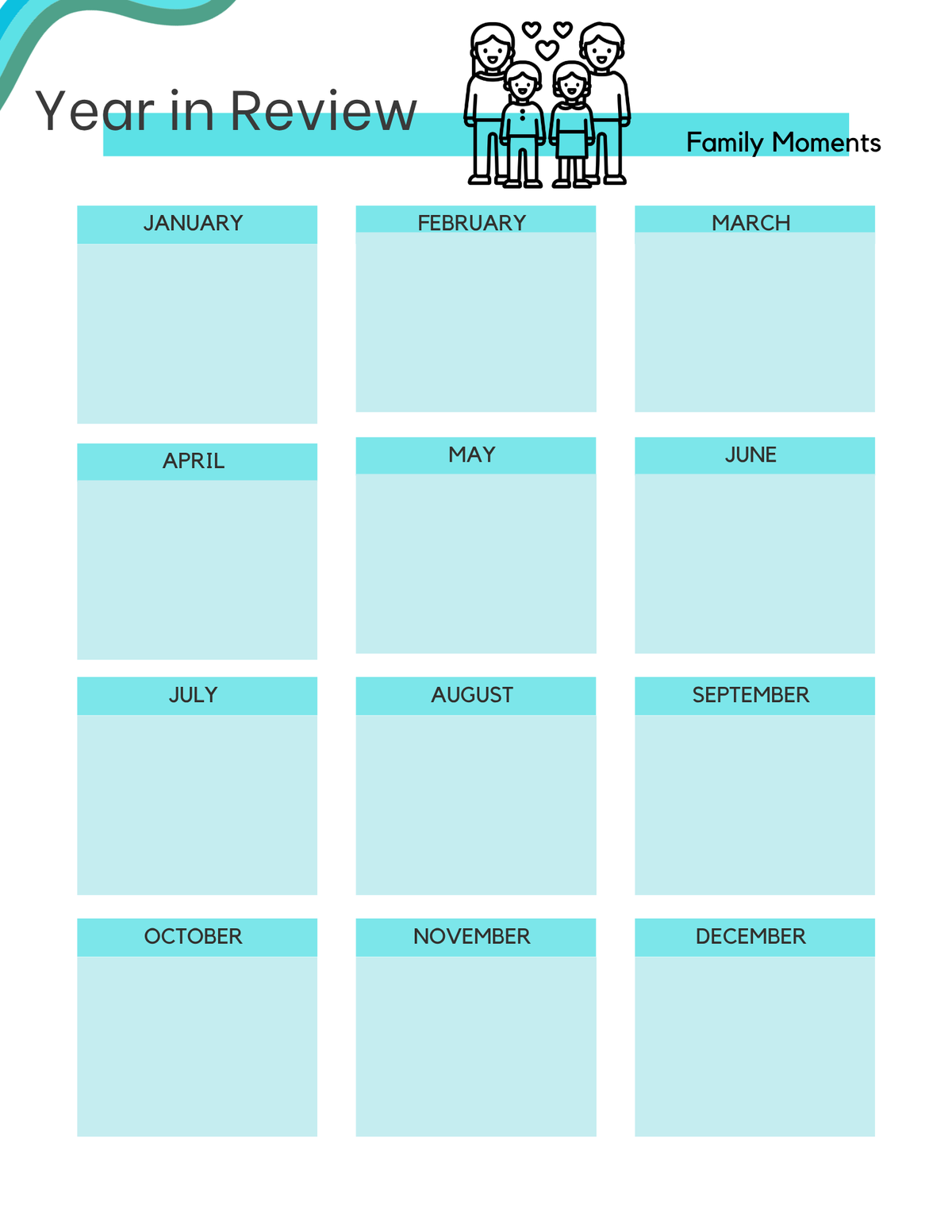 Year in Review family moments page with a box for each month