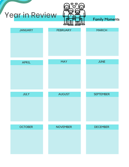 Year in Review family moments page with a box for each month
