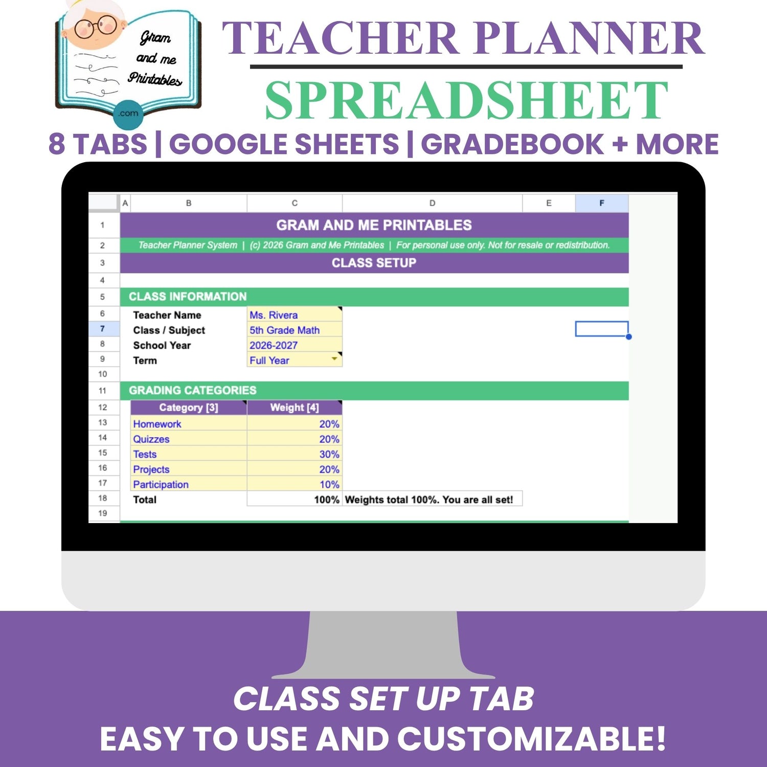 Teacher Planner Spreadsheet — Automatic Gradebook, Attendance &amp; Lesson Planner