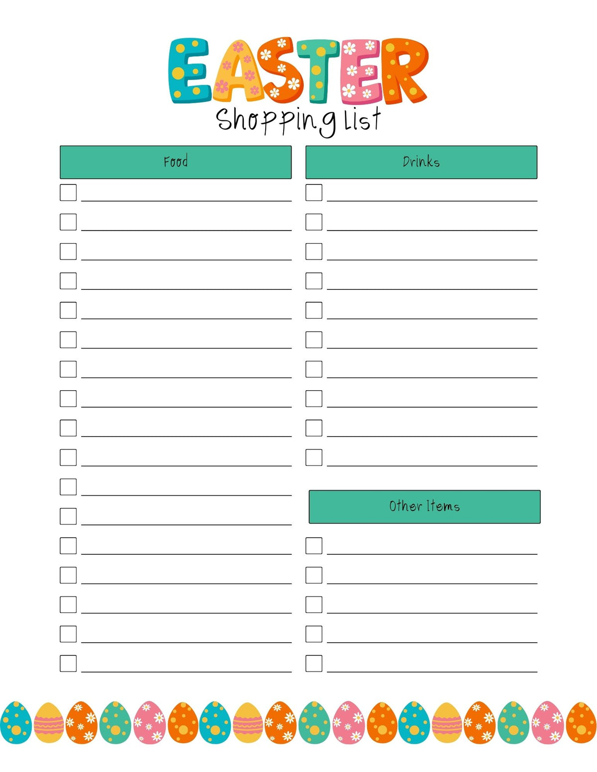list of items with check boxes for food, drinks and other items to make an Easter dinner 