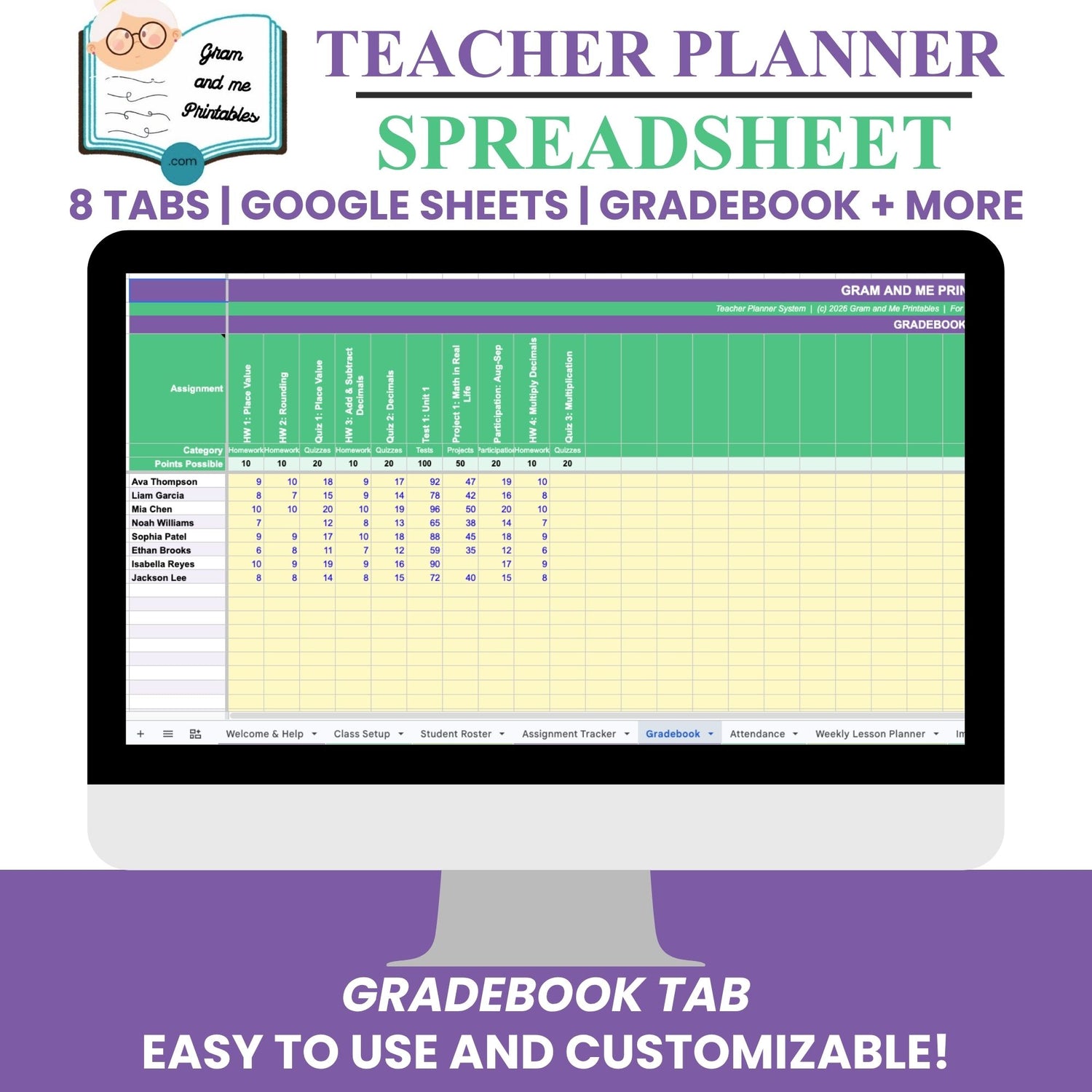 Teacher Planner Spreadsheet — Automatic Gradebook, Attendance &amp; Lesson Planner